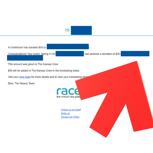 Racery donation notification email with donor name highlighted